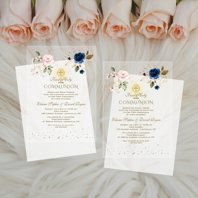 Gold Pink Blue Floral Twins First Holy Communion Acrylic Invitations (Creator Uploaded)