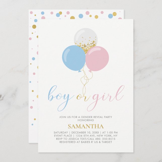 Gold, Pink, Blue | Gender Reveal Baby Shower Invitation (Front/Back)