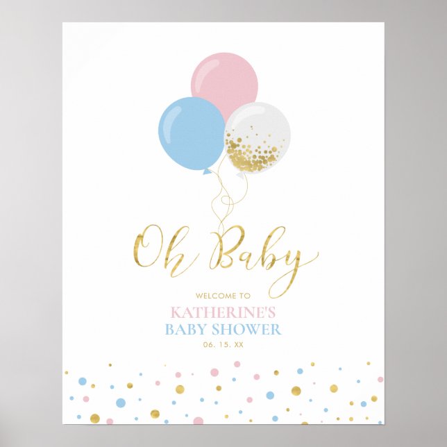 Gold Pink Blue Gender Reveal Baby Shower Welcome Poster (Front)