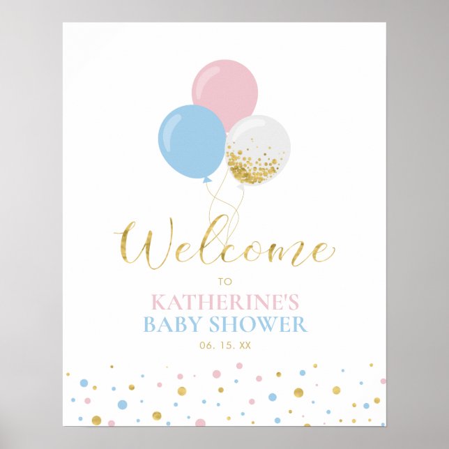 Gold Pink Blue Gender Reveal Baby Shower Welcome Poster (Front)