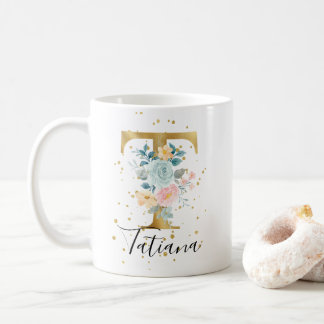 Gold Pink Blue Pastel Floral Watercolor Monogram T Coffee Mug
