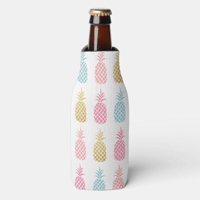 Gold Pink & Blue Tropical Pineapple Pattern Bottle Cooler (Bottle Front)