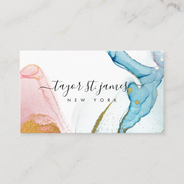 Gold Pink Blue Watercolor Painting Splatter Business Card (Front)