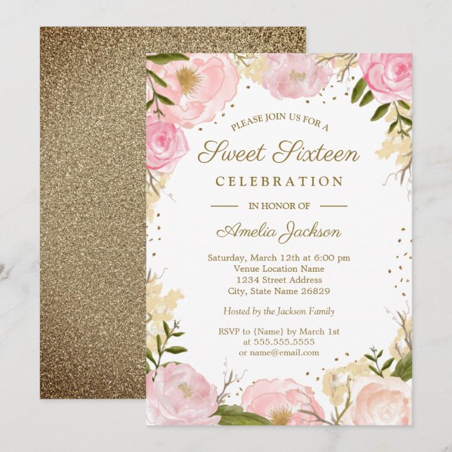 Gold Pink Blush Floral Watercolor Sweet Sixteen Invitation (Front/Back)