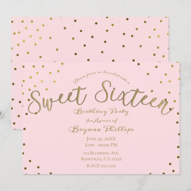 Gold & Pink Blush Modern Sweet 16 Birthday Party Invitation (Front/Back)