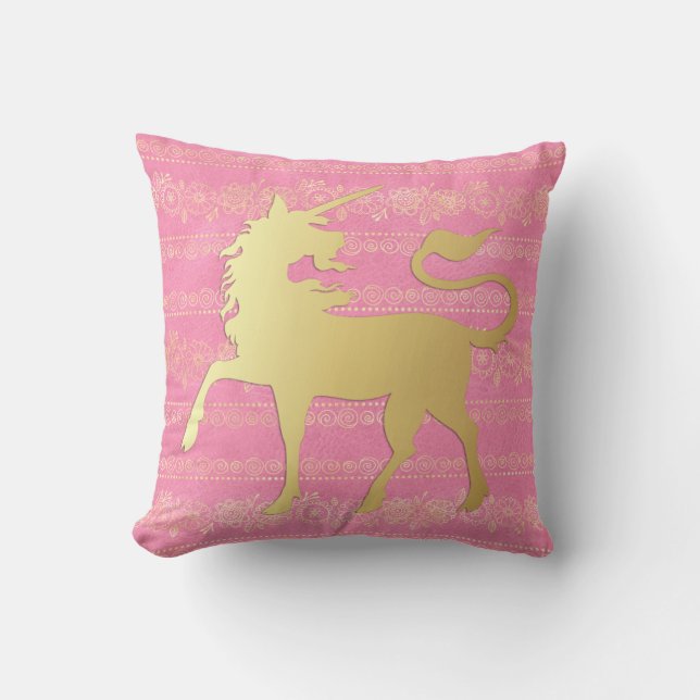 Gold & Pink Bohemian Pattern & Unicorn Cushion (Front)