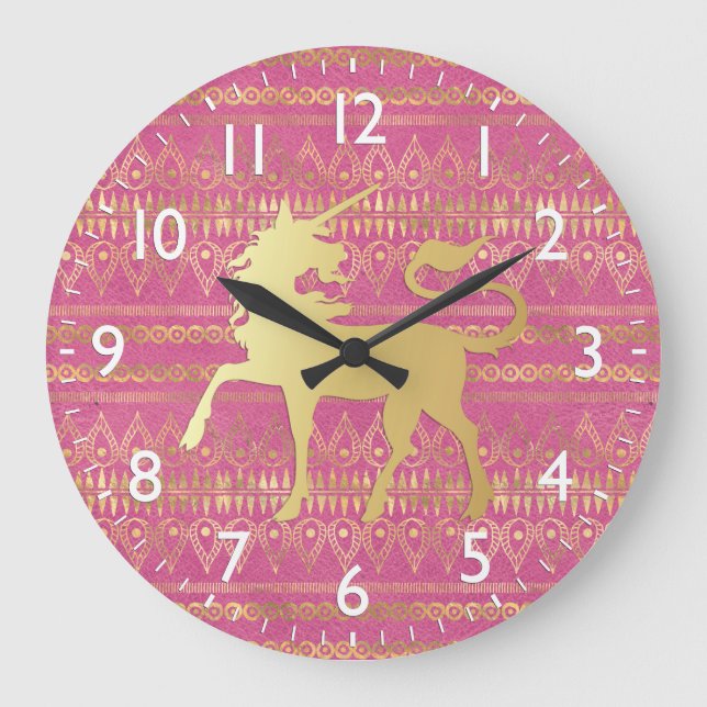 Gold & Pink Bohemian Pattern & Unicorn Large Clock (Front)