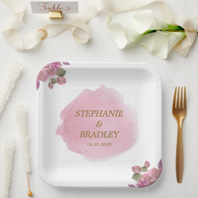 Gold Pink Botanical Elegant Simple Modern Wedding Paper Plate (Wedding)