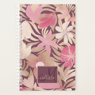 Gold Pink Burgundy Floral Leaves Monogram Planner