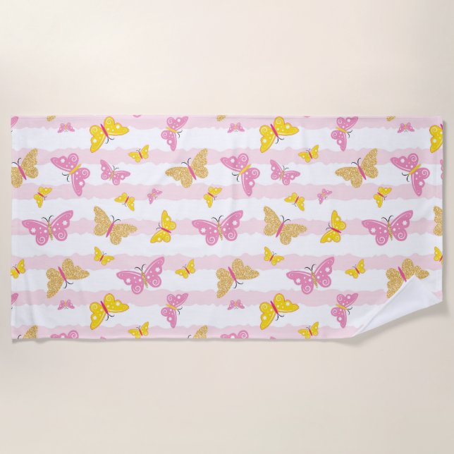 Gold & Pink Butterfly Beach Towel (Front)