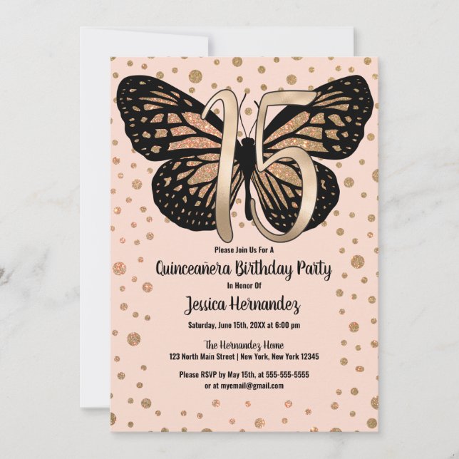 Gold Pink Butterfly Glitter Confetti Quinceañera Invitation (Front)