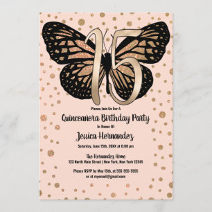 Gold Pink Butterfly Glitter Confetti Quinceañera Invitation