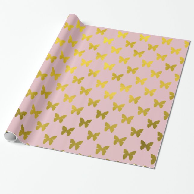 Gold Pink Butterfly Metallic Faux Foil Butterflies Wrapping Paper (Unrolled)