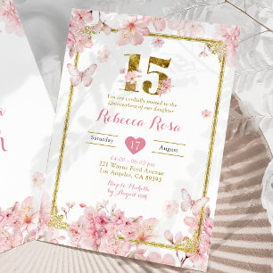 Gold Pink Cherry Blossom Floral Girl Royal 15 Años Invitation