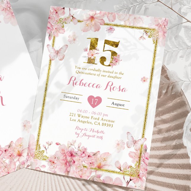 Gold Pink Cherry Blossom Floral Girl Royal 15 Años Invitation (Creator Uploaded)