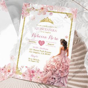 Gold Pink Cherry Blossom Princess Quinceañera Invitation