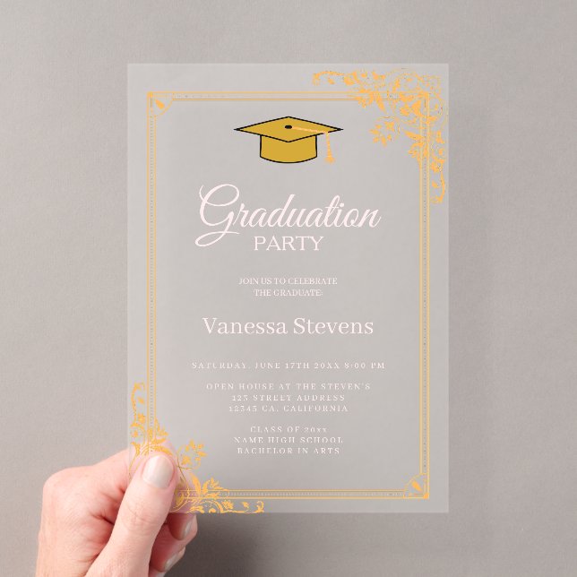Gold Pink Classic Graduation Cap Party  Acrylic Invitations (Insitu (Handheld))
