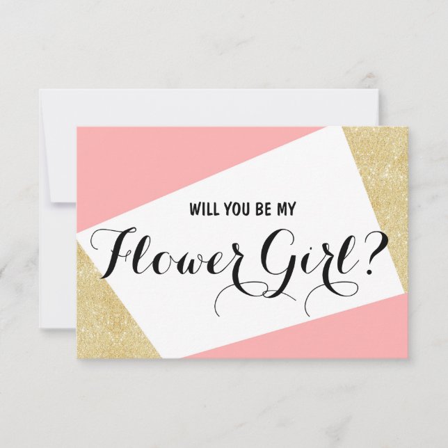 Gold pink colour block Will you be my Flower Girl Invitation (Front)