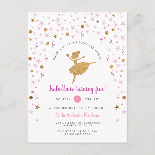 Gold & Pink Confetti Ballerina Birthday Invitation Postcard (Front)