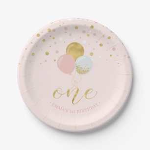 Gold & Pink Confetti, Balloons 1st Birthday Party  Paper Plate