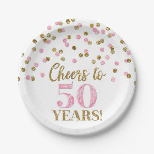 Gold Pink Confetti Cheers to 50 Years Birthday Paper Plate