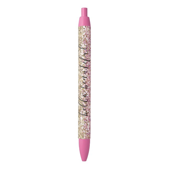 Gold Pink Confetti Glitter Personalised Black Ink Pen (Front Vertical)