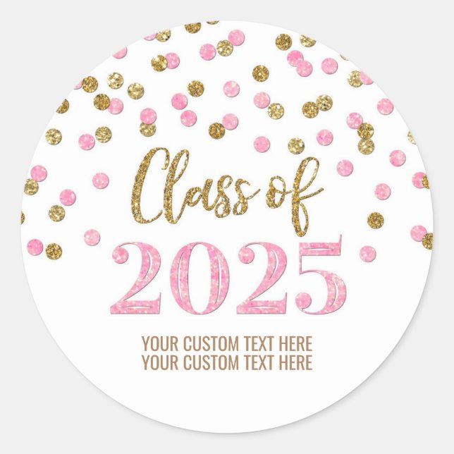 Gold Pink Confetti Graduation 2025 Classic Round Sticker (Front)