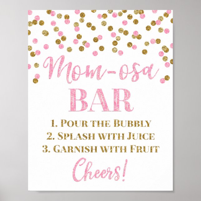Gold Pink Confetti Mum-osa Bar Sign Baby Shower (Front)