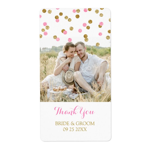 Gold Pink Confetti Photo Wedding Labels (Front)