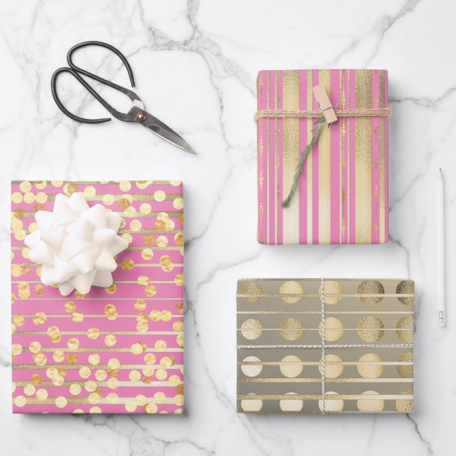 Gold pink confetti stripes elegant formal pattern wrapping paper sheet (Front)