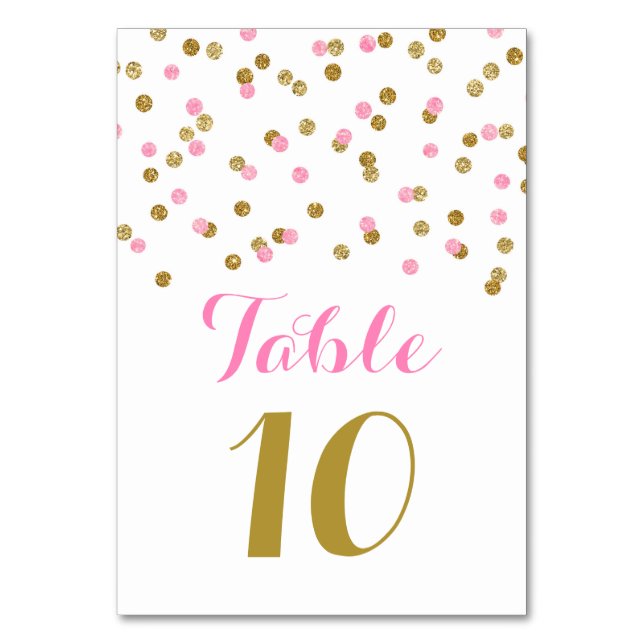 Gold Pink Confetti Wedding Table Number Cards (Front)