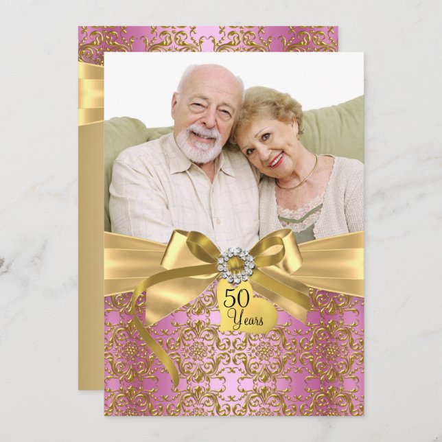 Gold Pink Damask & Bow Photo 50th Anniversary Invitation (Front/Back)