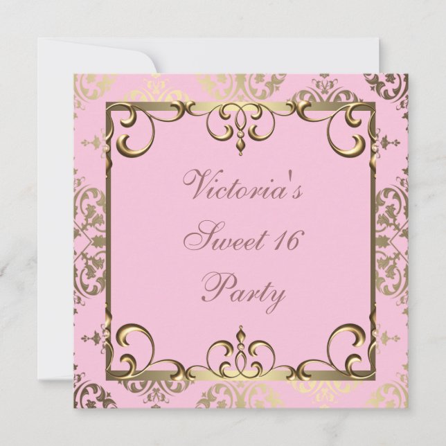 Gold Pink Damask Sweet 16 Birthday Party Invitation (Front)