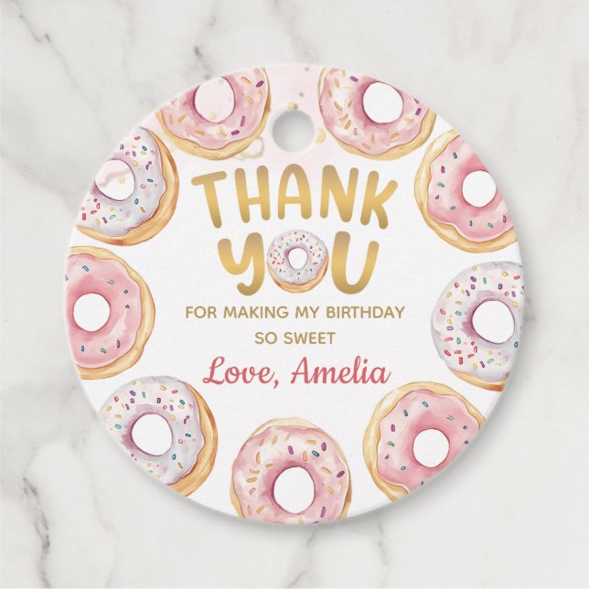 Gold Pink Doughnut Birthday Favour Tags (Front)