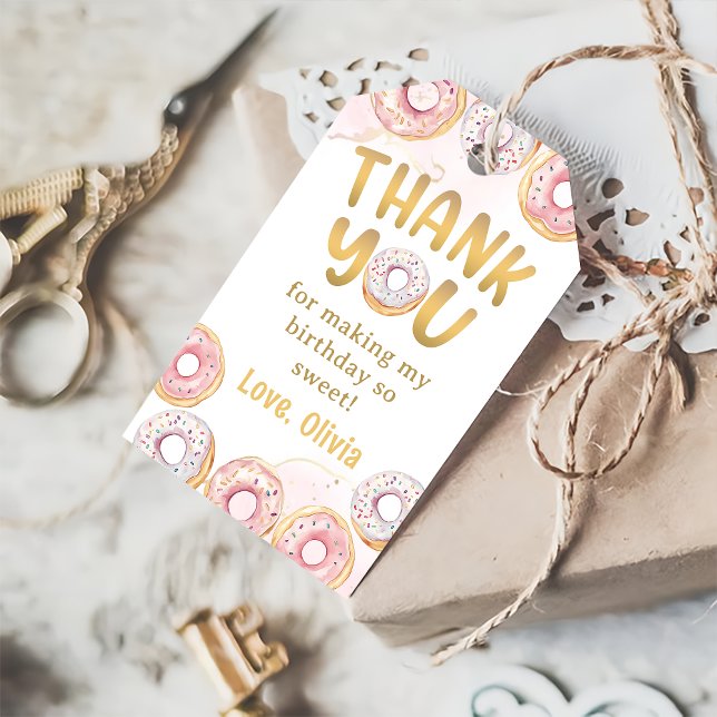 Gold Pink Doughnut Birthday Party Gift Tag (Creator Uploaded)