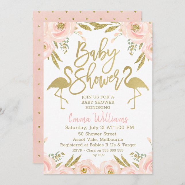 Gold Pink Flamingo Baby Shower Invitation (Front/Back)