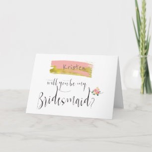 Gold Pink Floral Bouquet Will You Be My Bridesmaid Invitation