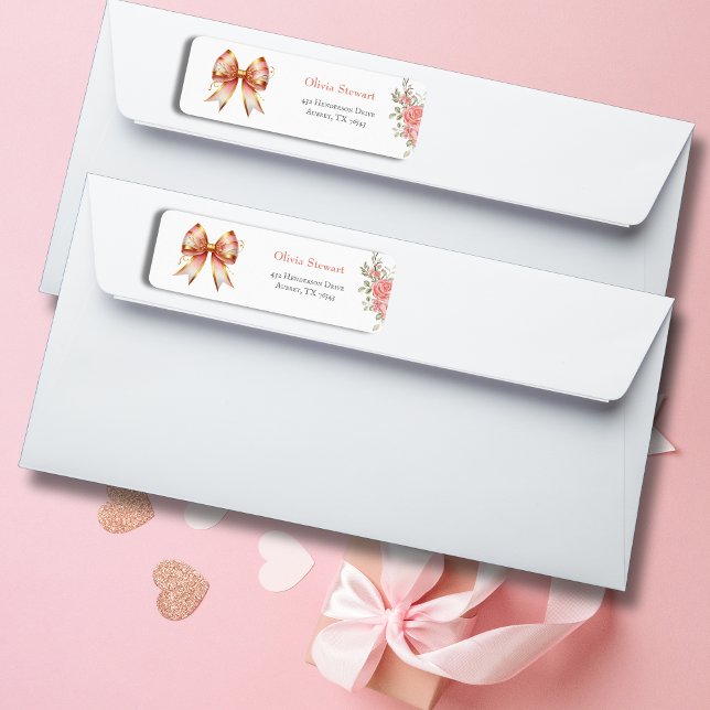 Gold & Pink Floral Bow Baby Shower Return Address (Creator Uploaded)