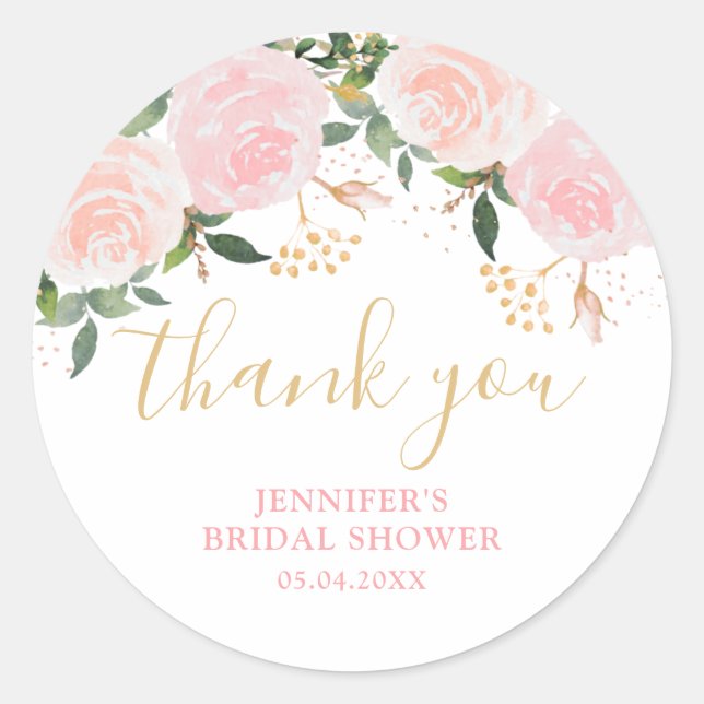 Gold Pink Floral Bridal Shower  Classic Round Sticker (Front)