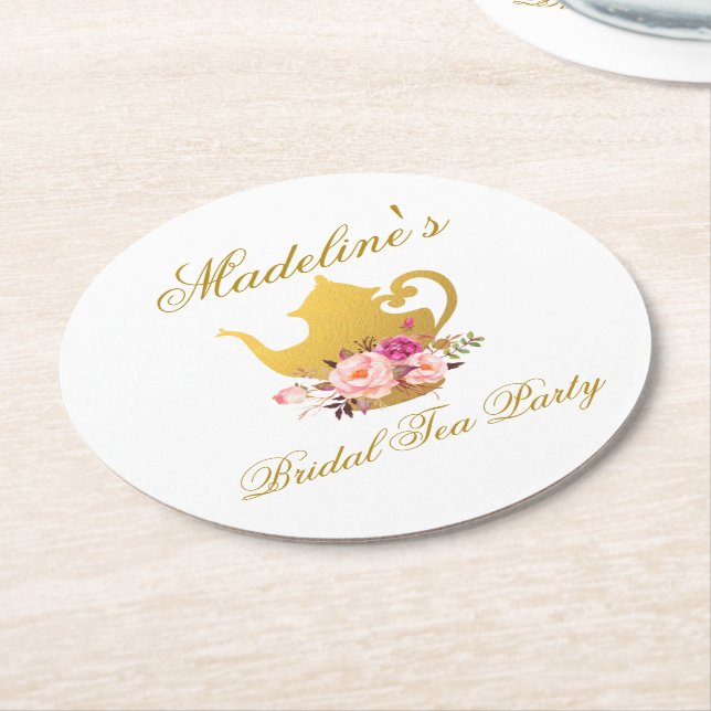 Gold Pink Floral Bridal Shower Tea Party Round Paper Coaster (Angled)