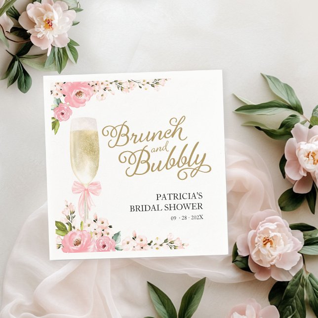 Gold Pink Floral Brunch And Bubbly Bridal Shower Napkin (Creator Uploaded)