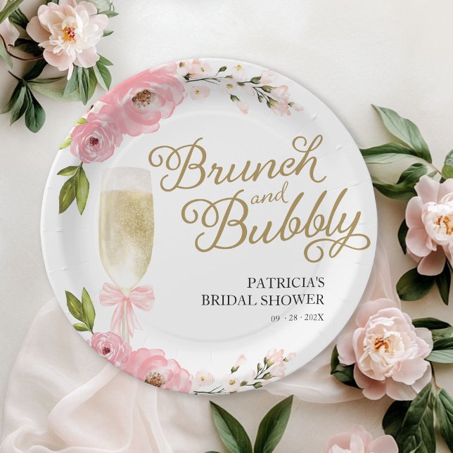 Gold Pink Floral Brunch And Bubbly Bridal Shower Paper Plate (Creator Uploaded)