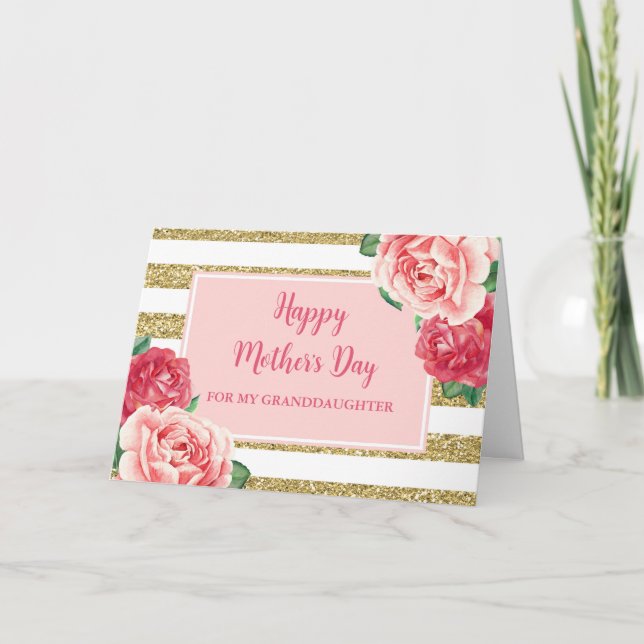 Gold Pink Floral Granddaughter Happy Mother's Card (Front)