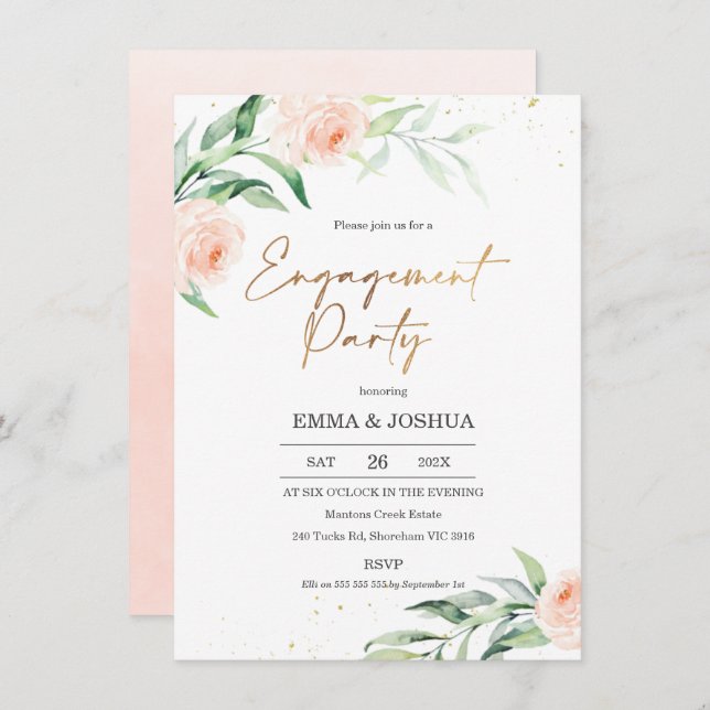Gold Pink Floral Greenery Engagement Party Invitation (Front/Back)