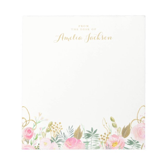 Gold Pink Floral Personalised Stationery Notepad (Front)