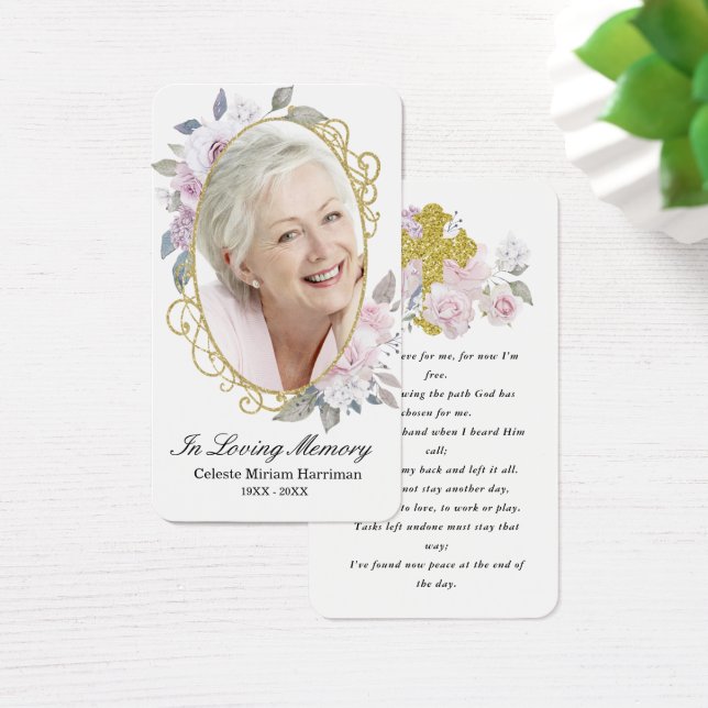 Gold Pink Floral Photo Funeral Prayer Card (Desk)