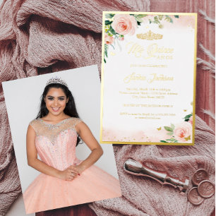 Gold Pink Floral Photo Quinceanera Birthday