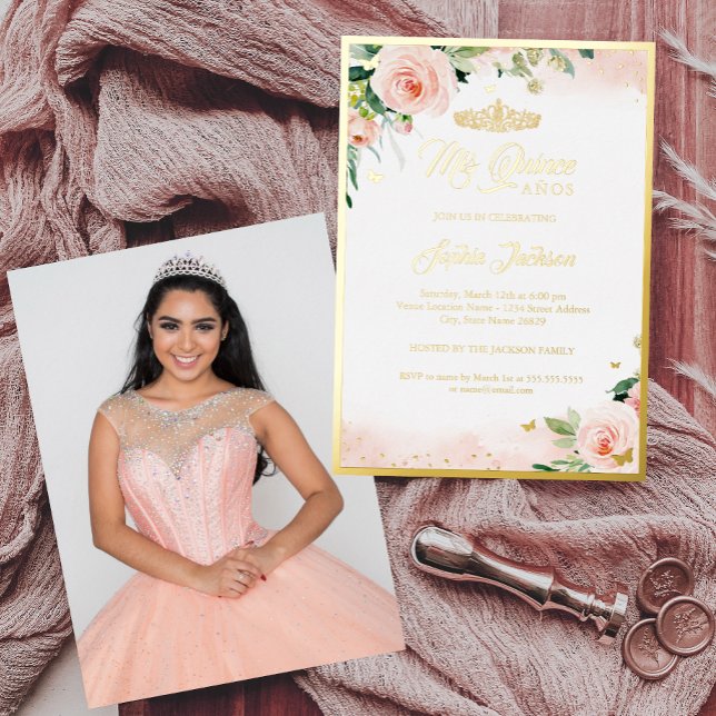 Gold Pink Floral Photo Quinceanera Birthday (Creator Uploaded)