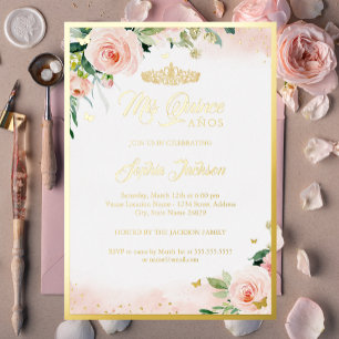 Gold Pink Floral Quinceanera Birthday