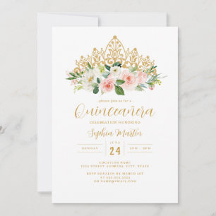 Gold Pink Floral Tiara Quinceanera Invitation
